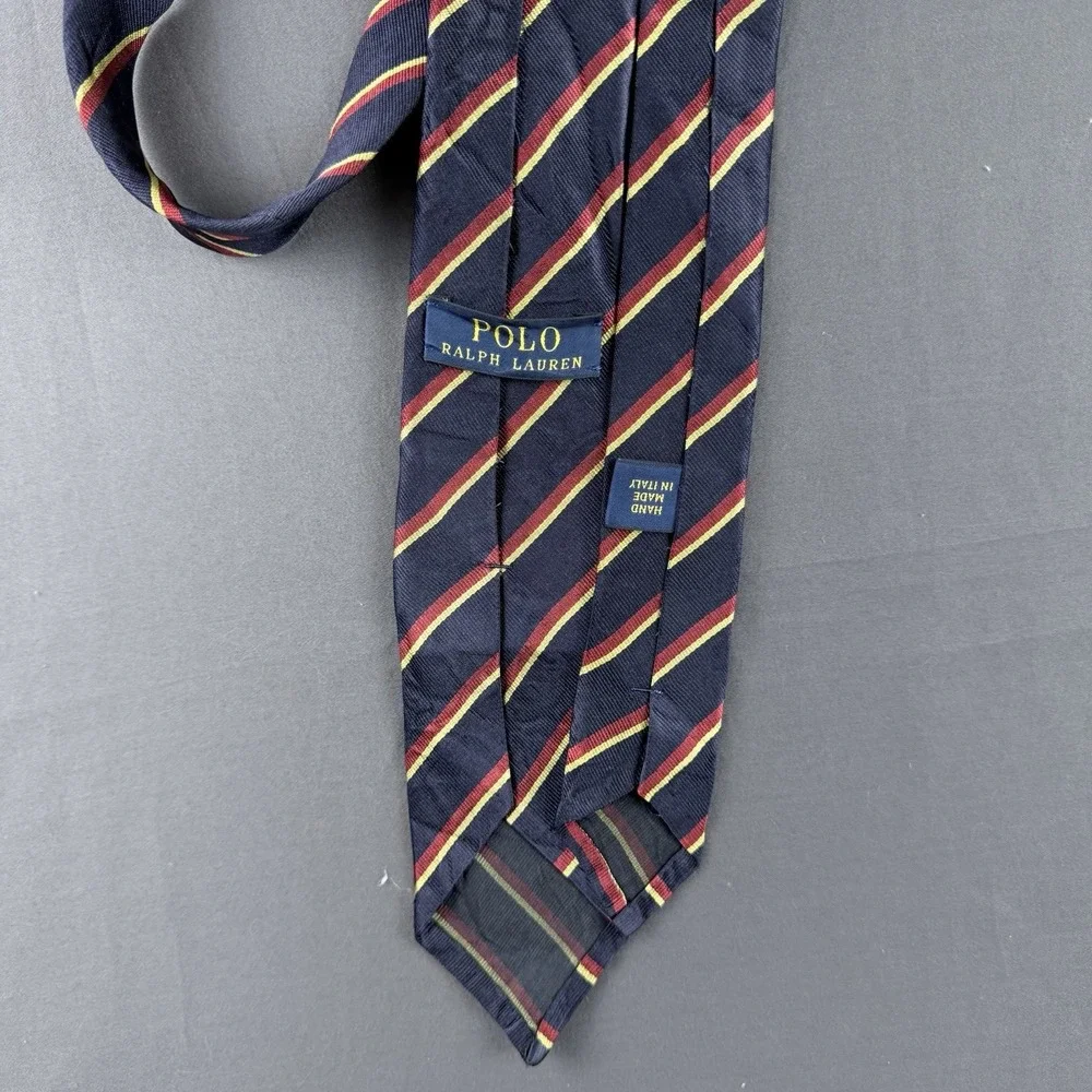 Polo Ralph Lauren Silk Striped Tie Navy Red Yellow Logo Handmade Italy